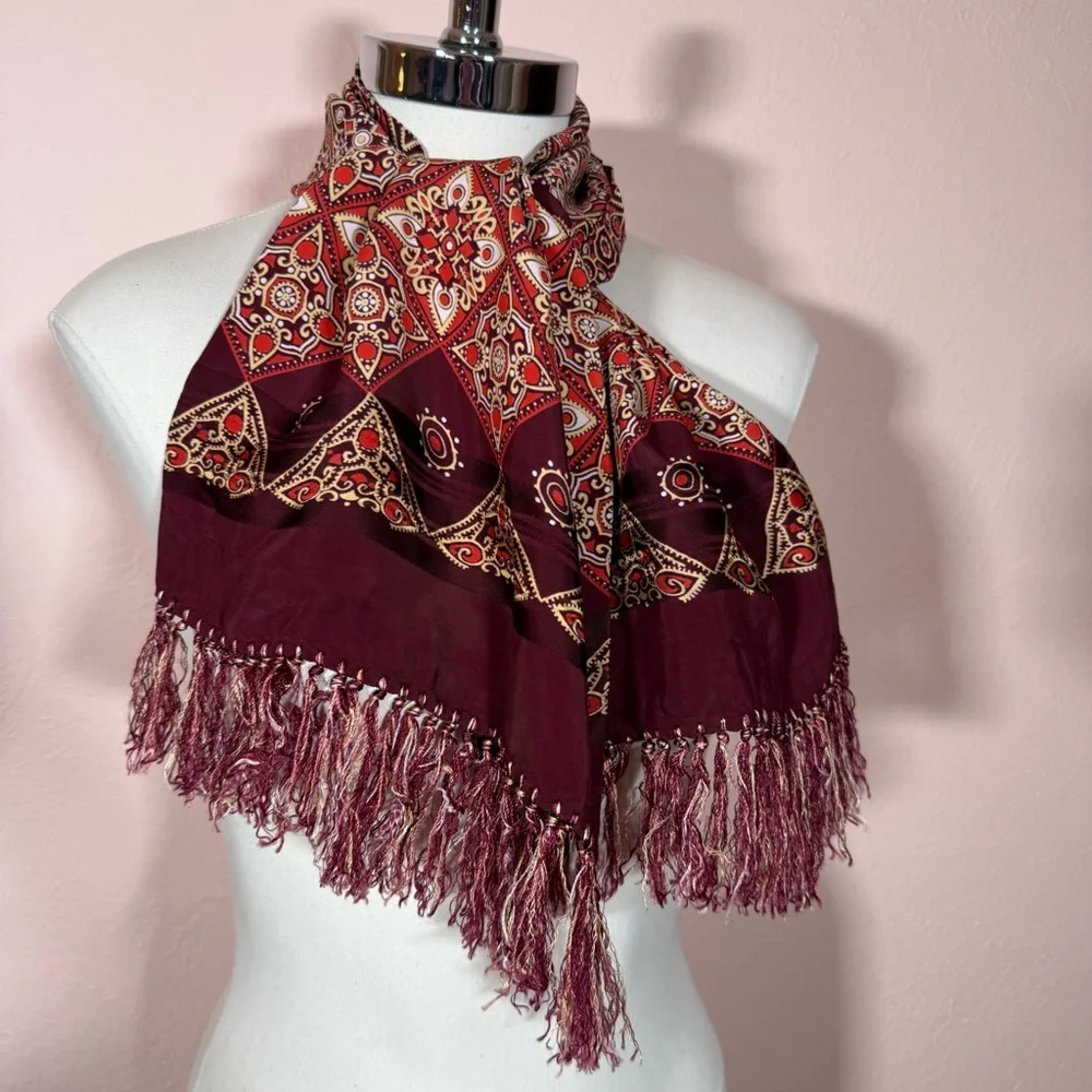 Vintage 1970’s Burgundy art deco Geometric Patterned Fringed Cravat Scarf